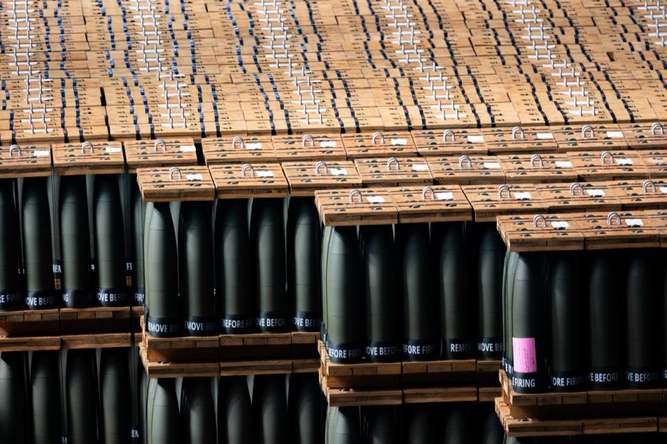 155mm artillery shells that are ready to be shipped are stored at the Scranton Army Ammunition Plant in Scranton, Pennsylvania on April 12, 2023 . (Hannah Beier/Getty Images)