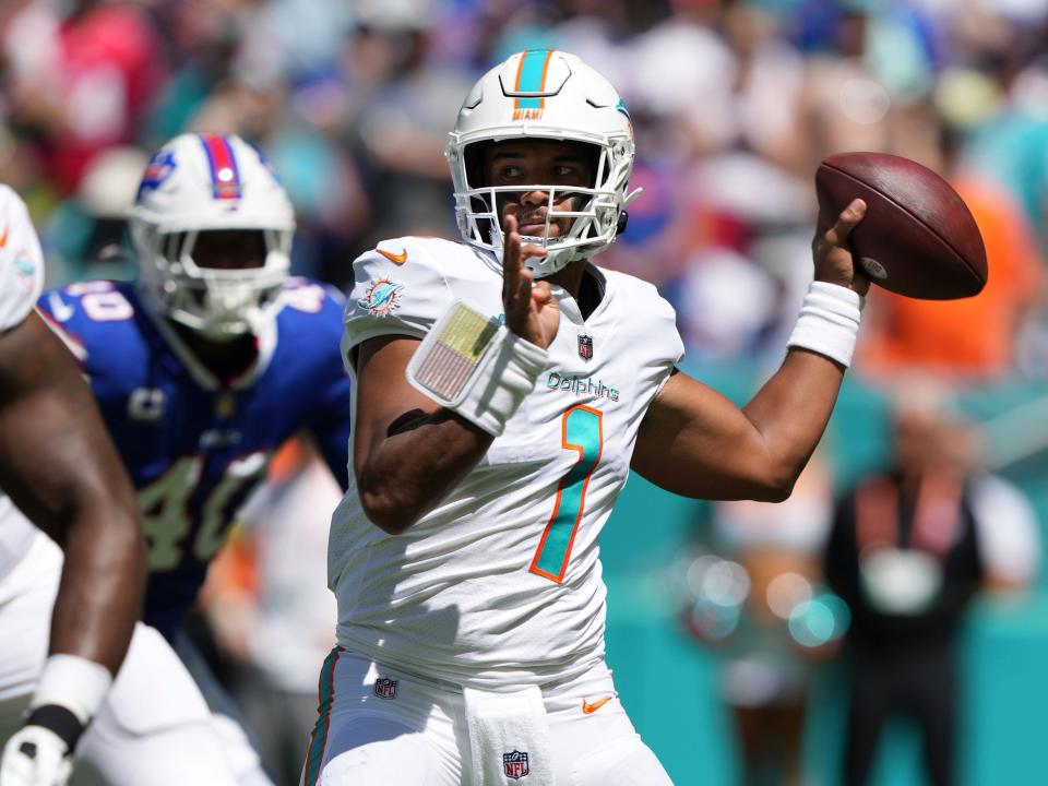 Tua Tagovailoa looks to throw against the Buffalo Bills.