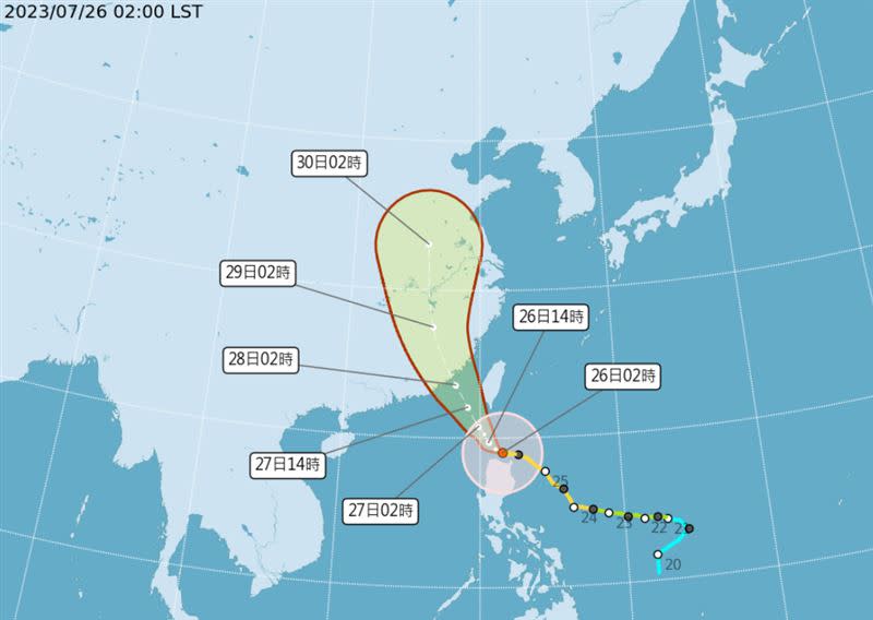 杜蘇芮逐漸逼近台灣，暴風圈已進入巴士海峽近海。（圖／中央氣象局）