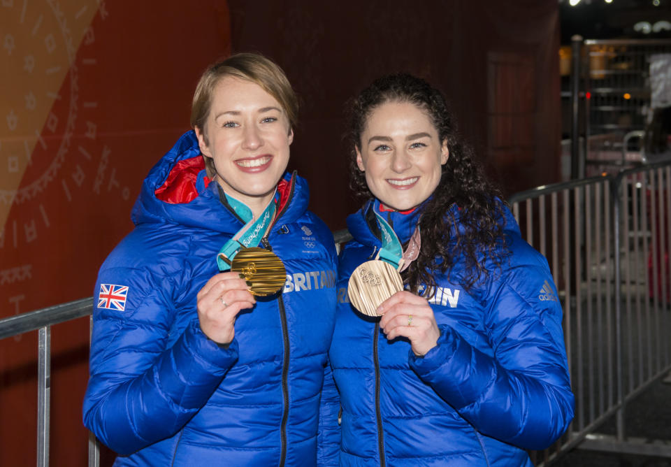 Lizzy Yarnold and Laura Deas celebrate with their medals (Andy J Ryan/Team GB)