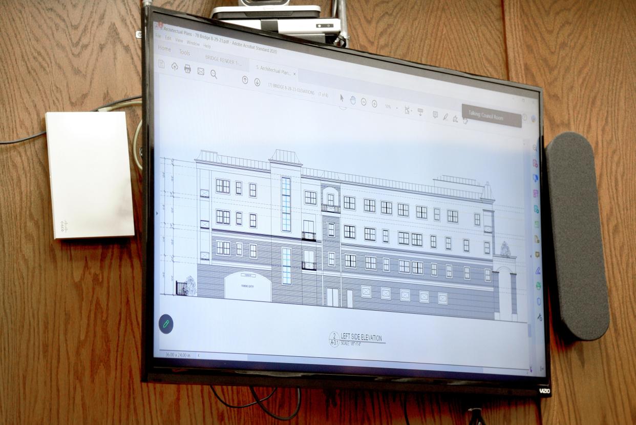 A plan for a four story 32-unit apartment building by American Opportunity Zone Fund on Thursday, November 1, 2023 at Borough Hall in Red Bank, New Jersey.