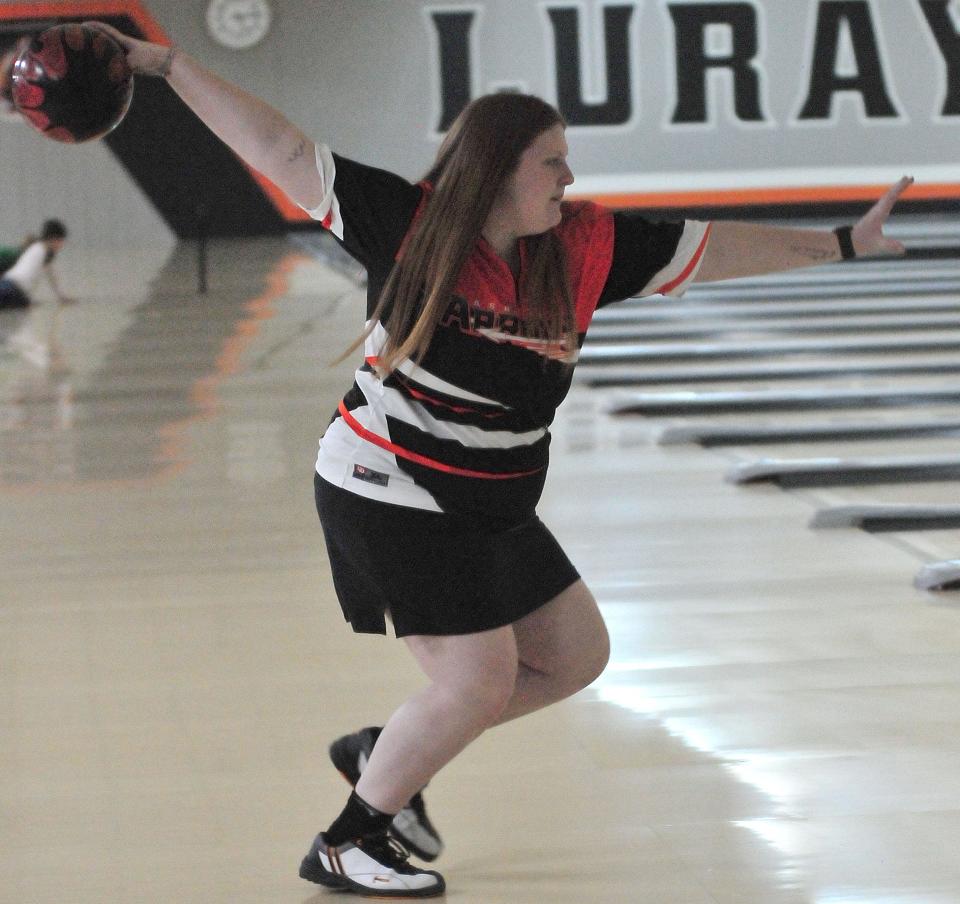 Ashland High School’s Makayla Dreibelbis bowls against Mount Vernon High School at Luray Lanes Thursday, Dec. 15, 2022.