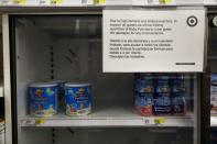 A sign is posted on shelf that holds baby and toddler formula, as nationwide shortages continues, at a Target near Times Square in New York City