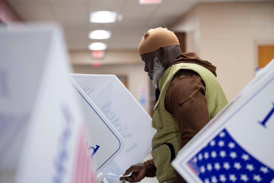 Landis Terry casts his vote at Greenville Senior High School during the democratic primary election in Greenville, S.C., on Saturday, Feb. 3, 2024.