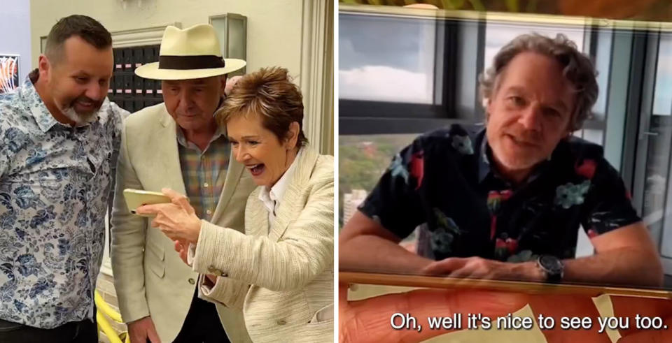 L: Jackie Woodburne, Alan Fletcher, Ryan Moloney talking into a phone. R: Stefan Dennis speaking through video chat