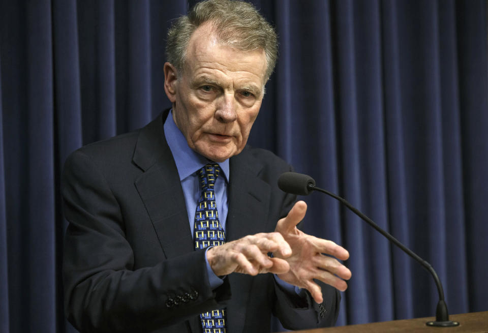 FILE - In this July 26, 2017, file photo, Illinois House Speaker Michael Madigan, D-Chicago, speaks at a news conference at the Capitol in Springfield, Ill. Even the normally unflappable speaker of the Illinois House had to pause at the sight of FBI agents entering the Democratic side of the Capitol building this week and later hauling away containers of documents from a lawmaker's office. Mike Madigan has looked this year as half a dozen Democrats have been charged or had agents raid their homes and offices. (Justin Fowler/The State Journal-Register via AP, File)