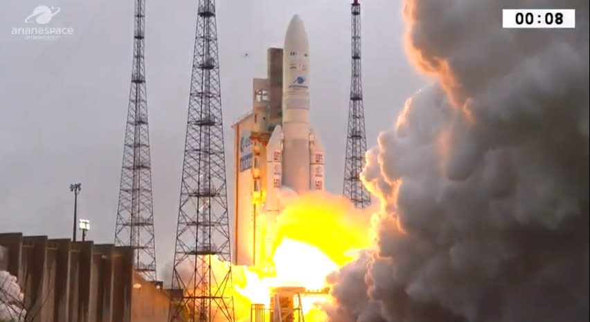 An Arianespace Ariane 5 rocket carrying the SG-1/HS-4 and GSAT-31 satellites launched into space from the Guiana Space Center in Kourou, French Guiana on Feb. 5, 2019. <cite>Arianespace</cite>