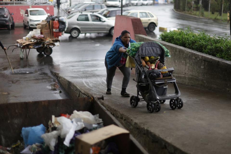 Carla dos Santos Feliciano, 38, pushes a buggy containing fruit and vegetables donated by merchants at the CEASA supply centre in Rio de Janeiro (Reuters)