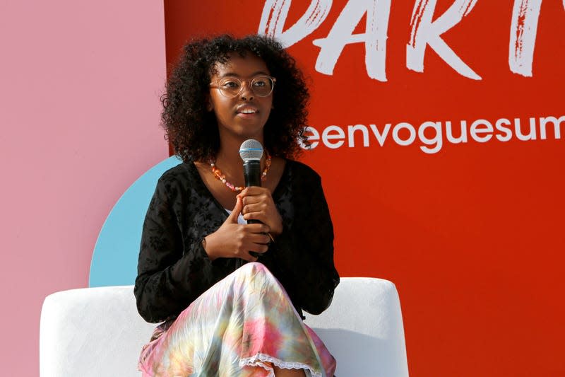 LOS ANGELES, CALIFORNIA - DECEMBER 04: Isra Hirsi speaks onstage during the Teen Vogue Summit 2021 at Goya Studios on December 04, 2021 in Los Angeles, California.