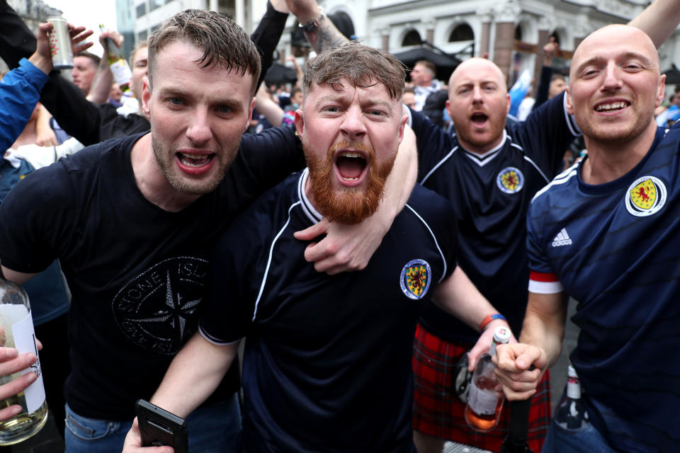 <p>Scotland fans gather in Leicester Square before the UEFA Euro 2020 match between England and Scotland later tonight. Picture date: Friday June 18, 2021.</p>
