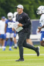 Indianapolis Colts special teams coordinator Bubba Ventrone runs a drill during practice at the NFL team's football training camp in Westfield, Ind., Wednesday, July 28, 2021. (AP Photo/Michael Conroy)