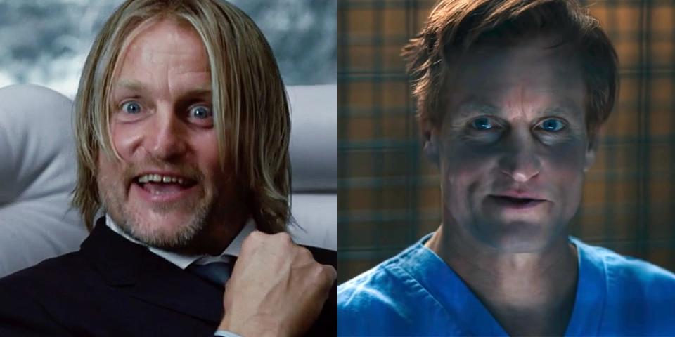 On the left: Woody Harrelson as Haymitch Abernathy in "The Hunger Games." On the right: Harrelson as Cletus Kasady in "Venom: Let There Be Carnage."