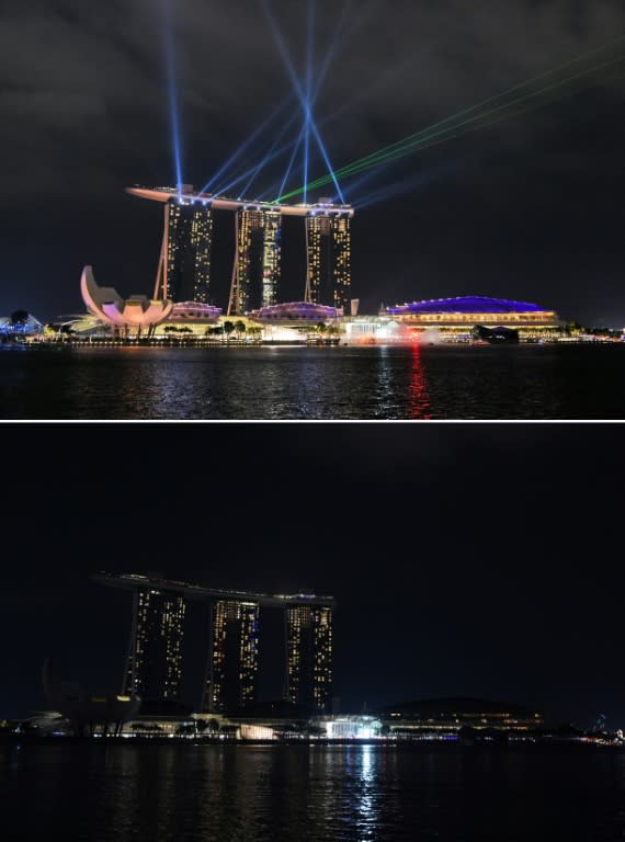 This combination of pictures created on March 19, 2016 shows the Marina Bay Sands hotel and resort before (TOP) and during (BOTTOM) with the lights switched off during the Earth Hour campaign in Singapore