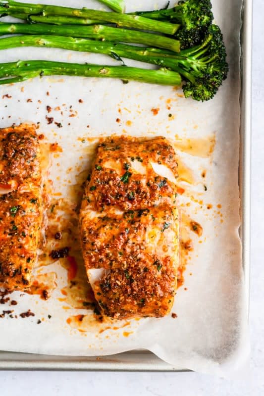 <p>Kim's Cravings</p><p>This parmesan-crusted cod recipe is one of the easiest fish meals to prepare for a quick, tasty weeknight dinner. You’ll have a super healthy meal ready to serve in less than 30 minutes, so grab the recipe and enjoy!</p><p><strong>Get the Recipe: </strong><a href="https://www.kimscravings.com/parmesan-crusted-cod/" rel="nofollow noopener" target="_blank" data-ylk="slk:Parmesan-Crusted Cod;elm:context_link;itc:0;sec:content-canvas" class="link rapid-noclick-resp"><strong>Parmesan-Crusted Cod</strong></a></p>