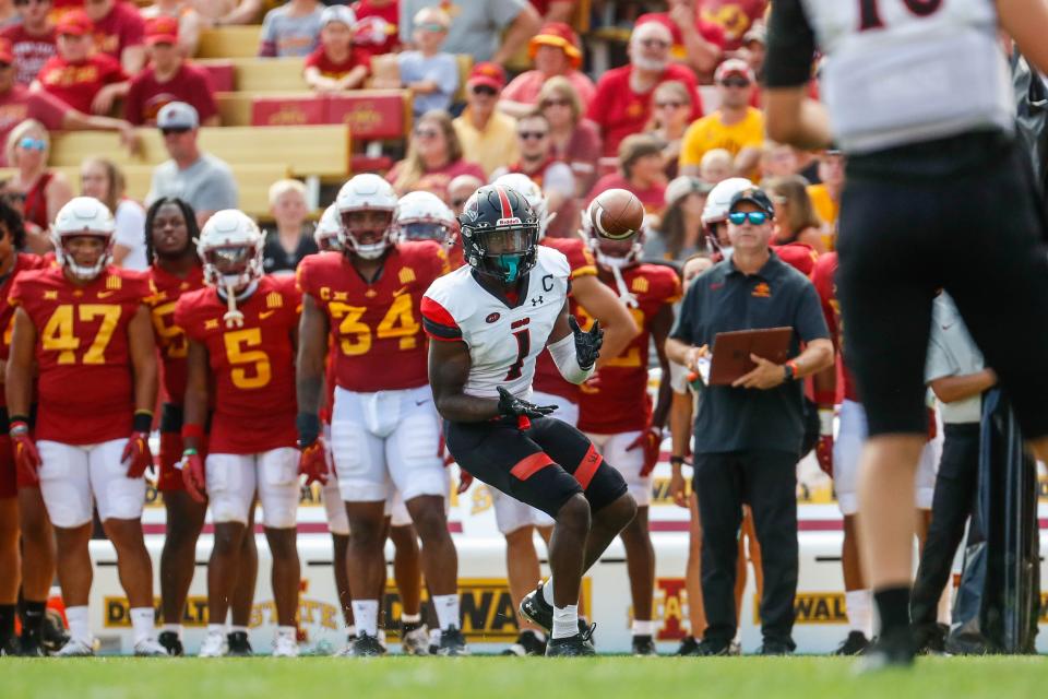 Southeast Missouri State wide receiver Ryan Flournoy (1) attempts to catch the ball during the Iowa State, Southeast Missouri State game on Saturday, September 3, 2022 at Jack Trice Stadium in Ames, Iowa. The Cyclones defeated the Redhawks, 42-10.