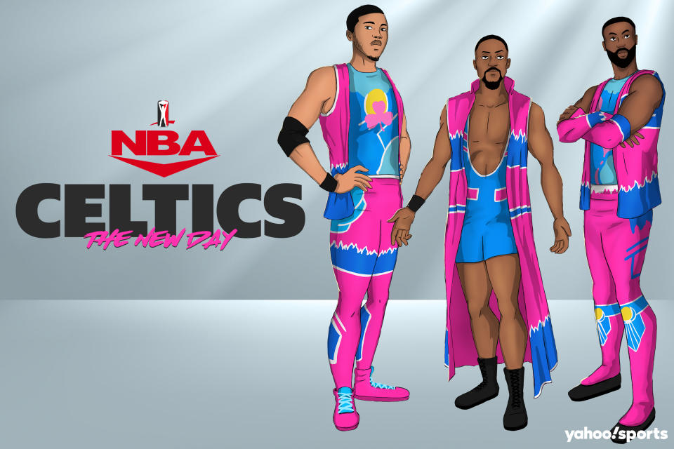 Jayson Tatum as Xavier Woods, Kemba Walker as Kofi Kingston, and Jaylon Brown as Big E