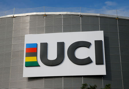 FILE PHOTO: A logo is pictured on the indoor track at the International Cycling Union (UCI) Federation headquarters in Aigle, Switzerland, September 27, 2017. REUTERS/Denis Balibouse