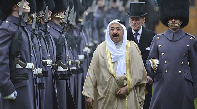 The Emir of Kuwait, Sheikh Sabah al-Ahmad al-Sabah, is followed by Britain's Prince Philip. Photo: AAP