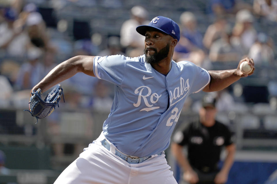 Kansas City Royals relief pitcher Amir Garrett throws during the fourth inning of a baseball game against the Oakland Athletics Saturday, June 25, 2022, in Kansas City, Mo. (AP Photo/Charlie Riedel)