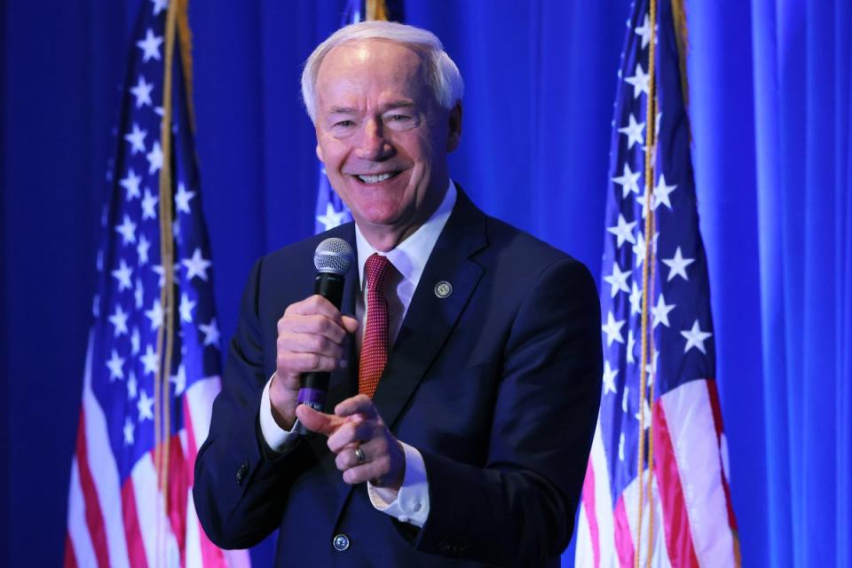 Republican presidential candidate former Arkansas Gov. Asa Hutchinson speaks during the 2023 First in the Nation Leadership Summit on October 14, 2023 in Nashua, New Hampshire. (Getty Images)