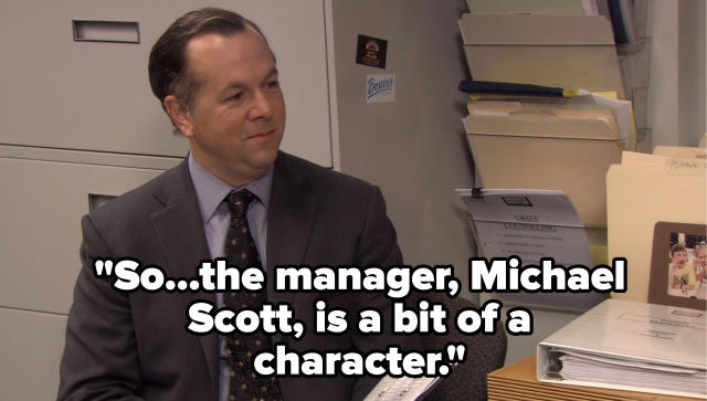 A man at an interview and someone saying, &quot;So the manager, Michael Scott, is a bit of a character&quot;
