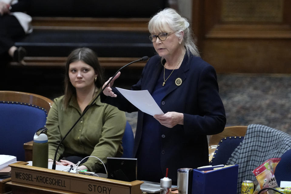 FILE - State Rep. Beth Wessel-Kroeschell, D-Story, speaks during debate on a bill on Jan. 23, 2023, at the Statehouse in Des Moines, Iowa. The Iowa House on Thursday, April 13, gave final legislative approval to a bill that would change eligibility requirements and require more background checks for people who seek benefits such as Medicaid and food stamps. Wessel-Kroeschell opposed the bill, arguing people would lose benefits because they make mistakes in filling forms. (AP Photo/Charlie Neibergall, File)