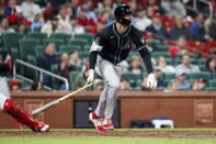 Arizona Diamondbacks' Pavin Smith drops his bat after hitting a grand slam during the sixth inning of the team's baseball game against the St. Louis Cardinals on Tuesday, April 23, 2024, in St. Louis. (AP Photo/Scott Kane)