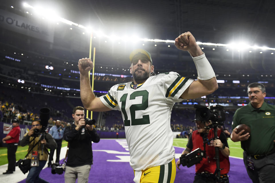 Green Bay Packers quarterback Aaron Rodgers runs off the field after the team's NFL football game against the Minnesota Vikings, Monday, Dec. 23, 2019, in Minneapolis. The Packers won 23-10. (AP Photo/Craig Lassig)