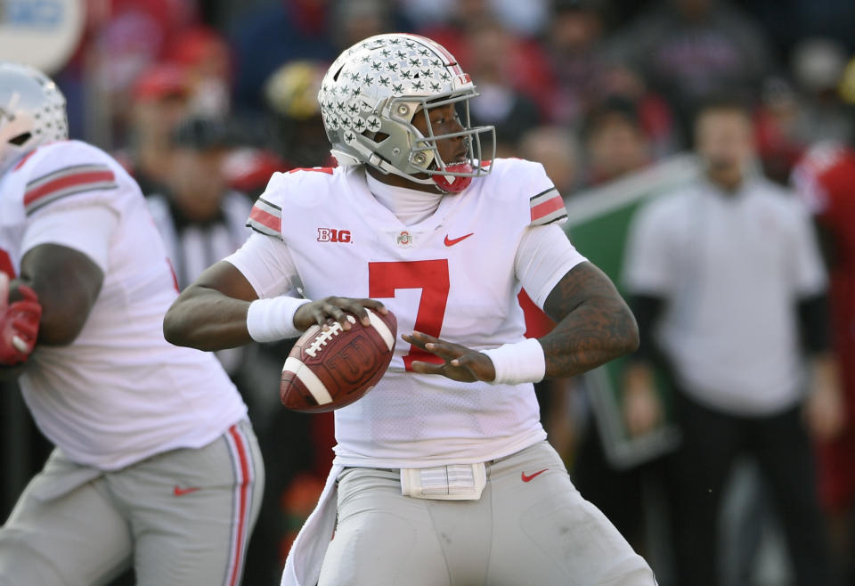 Ohio State quarterback Dwayne Haskins Jr. (7) looks to pass during the first half of an NCAA football game against Maryland, Saturday, Nov. 17, 2018, in College Park, Md. (AP Photo/Nick Wass)
