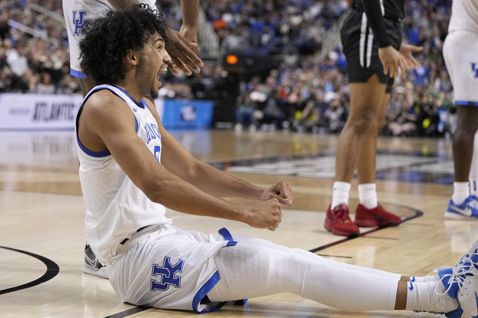 Kentucky forward Jacob Toppin celebrates after getting fouled against the Providence during the first half of a first-round college basketball game in the NCAA Tournament on Friday, March 17, 2023, in Greensboro, N.C. (AP Photo/Chris Carlson)