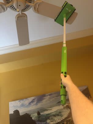 A flexible ceiling fan cleaner ingeniously designed to clean all four sides of each fan blade in one swoop