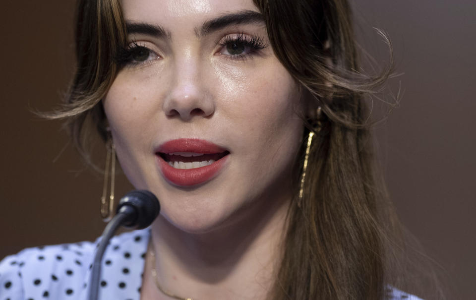 United States Olympic gymnast McKayla Maroney testifies during a Senate Judiciary hearing about the Inspector General's report on the FBI's handling of the Larry Nassar investigation on Capitol Hill, Wednesday, Sept. 15, 2021, in Washington. Nassar was charged in 2016 with federal child pornography offenses and sexual abuse charges in Michigan. He is now serving decades in prison after hundreds of girls and women said he sexually abused them under the guise of medical treatment when he worked for Michigan State and Indiana-based USA Gymnastics, which trains Olympians. (Saul Loeb/Pool via AP)