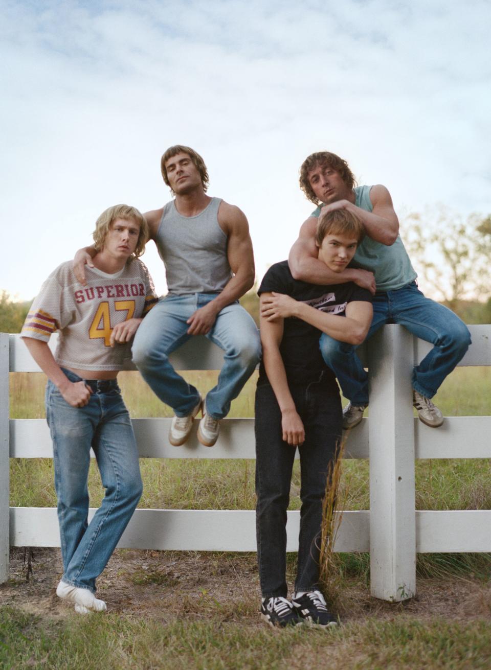 Zac Efron as Kevin Von Erich, Jeremy Allen White as Kerry Von Erich, Harris Dickinson as David Von Erich, Stanley Simons as Mike Von Erich, Holt McCallany in The Iron Claw (Elevation Pictures)