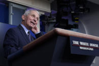 Dr. Anthony Fauci, director of the National Institute of Allergy and Infectious Diseases, speaks with reporters in the James Brady Press Briefing Room at the White House, Thursday, Jan. 21, 2021, in Washington. (AP Photo/Alex Brandon)