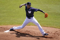 New York Yankees' pitcher Domingo German delivers during the first inning of a spring training exhibition baseball game against the Philadelphia Phillies in Tampa, Fla., Monday, March 15, 2021. (AP Photo/Gene J. Puskar)