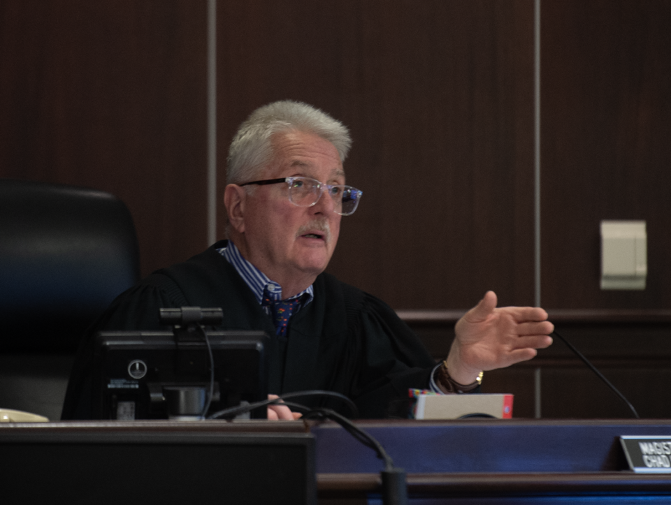 Visiting Judge Thomas Pokorny speaks to the court Friday, Jan. 26, 2024, during a sentencing hearing for Jeffrey Allen and his son, Jeremiah Allen.