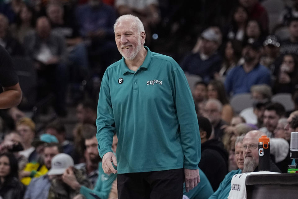 San Antonio Spurs head coach Gregg Popovich reacts to a play during the first half of an NBA basketball game against the Utah Jazz in San Antonio, Wednesday, March 29, 2023. (AP Photo/Eric Gay)