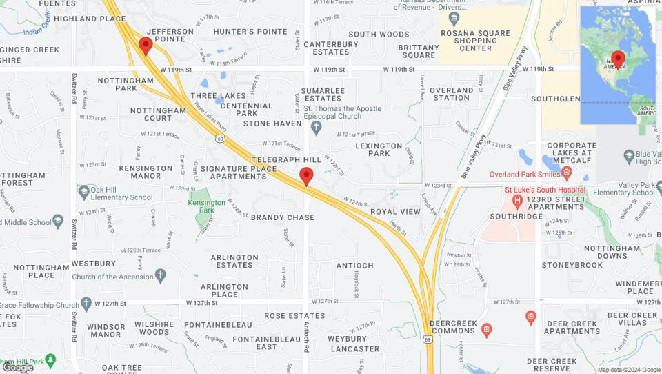 A detailed map that shows the affected road due to 'Heavy rain prompts traffic advisory on northbound US-69 in Overland Park' on May 6th at 11:33 p.m.