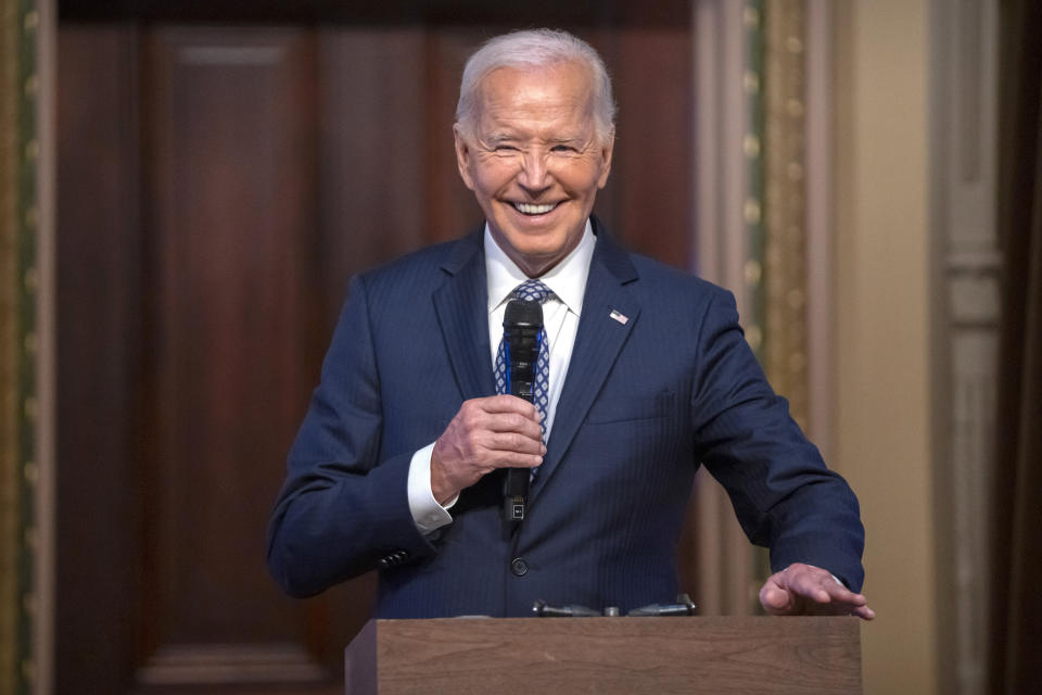 President Joe Biden speaks at the White House Creator Economy Conference in the Indian Treaty Room of the Eisenhower Executive Office Building in the White House complex in Washington, Wednesday, Aug. 14, 2024. (AP Photo/Mark Schiefelbein)