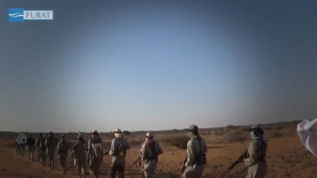 A screenshot of a propaganda video released by Islamic State on April 14. <span class="inline-image-credit">(Furat)</span>