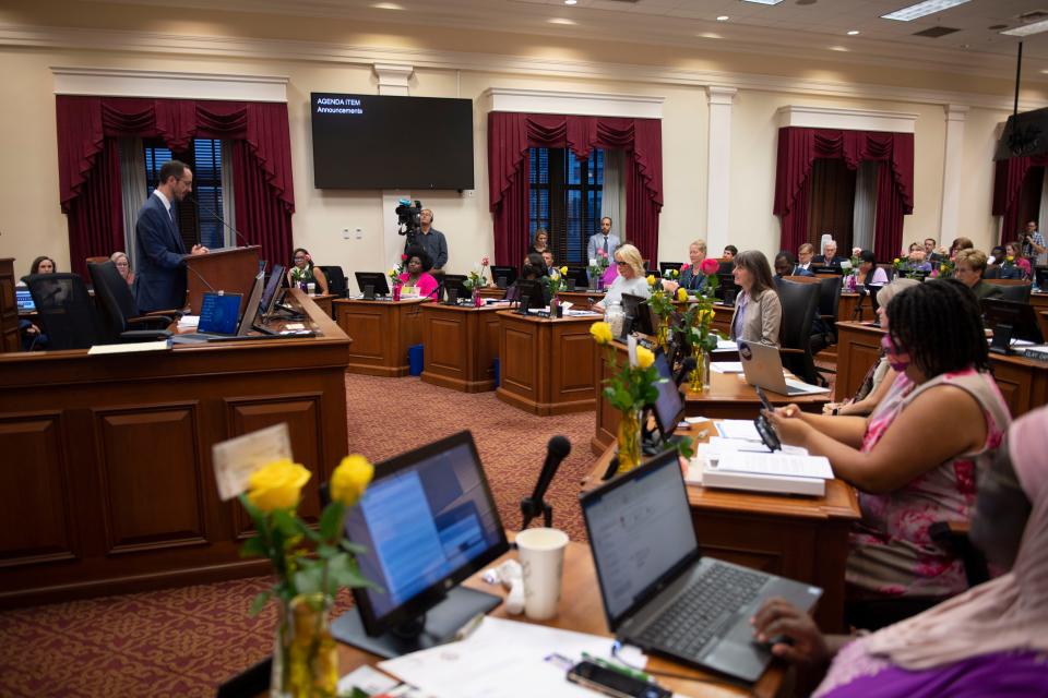 Mayor Freddie O’Connell speaks during the first Metro Council meeting of the new term at Historic Metro Nashville Courthouse in Nashville, Tenn., Tuesday, Oct. 3, 2023.