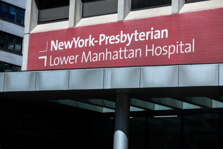 The exterior of New York Presbyterian-Lower Manhattan Hospital, where Jeffrey Epstein's body was transported in Manhattan borough of New York City