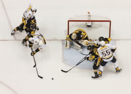 May 29, 2017; Pittsburgh, PA, USA; Pittsburgh Penguins goalie Matt Murray (30) defends the net against the Nashville Predators during the second period in game one of the 2017 Stanley Cup Final at PPG PAINTS Arena. Mandatory Credit: Charles LeClaire-USA TODAY Sports