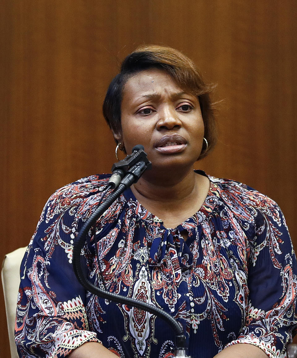 LaToya Taylor testifies during the retrial of Quinton Tellis in Batesville, Mississippi on Sunday, Sept. 30, 2018. Tellis is charged with burning 19-year-old Jessica Chambers to death almost three years ago on Dec. 6, 2014. Tellis has pleaded not guilty to the murder. (Mark Weber/The Commercial Appeal via AP, Pool)