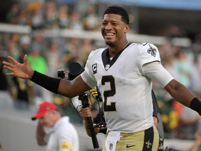 Jameis Winston celebrates after a win against the Green Bay Packers.