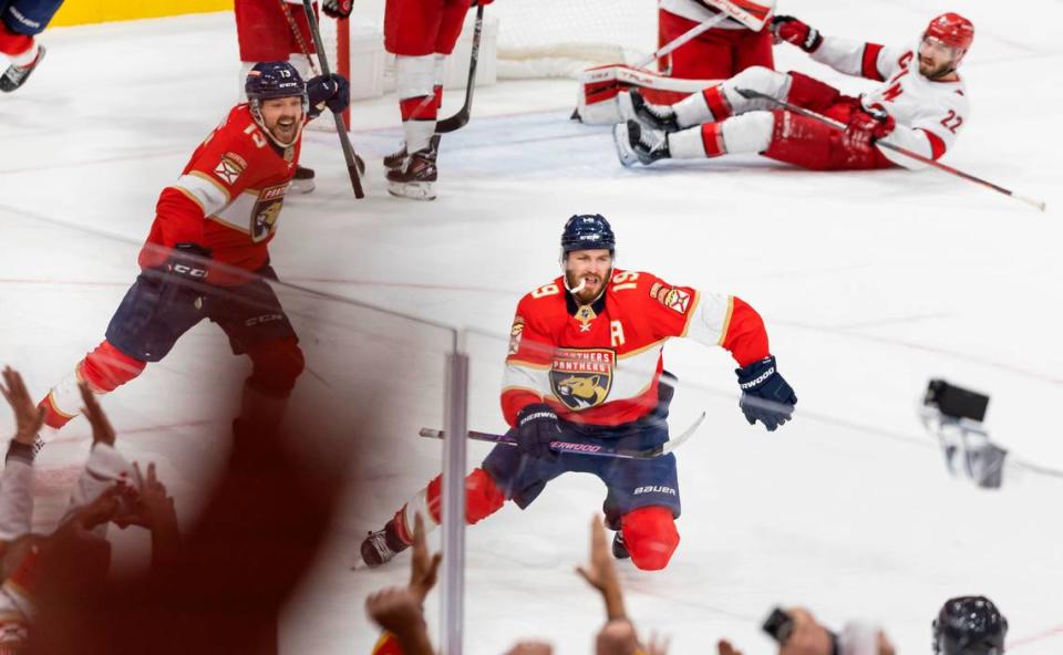 Florida Panthers left wing Matthew Tkachuk (19) celebrates after scoring a goal against the Carolina Hurricanes in the third period of Game 4 of the NHL Stanley Cup Eastern Conference finals series at the FLA Live Arena on Wednesday, May 24, 2023 in Sunrise, Fla.