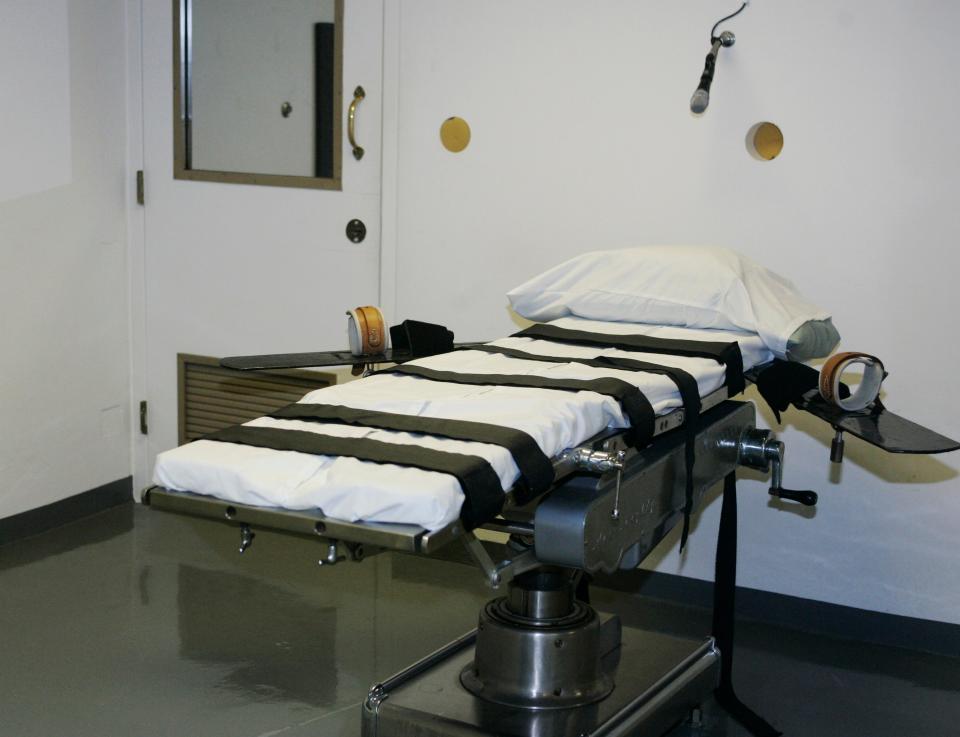 This April 15, 2008 file photo shows the gurney in the execution chamber at the Oklahoma State Penitentiary is pictured in McAlester, Oklahoma.