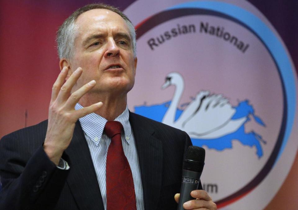 FILE - In a March 22, 2015 file photo, U.S. writer Jared Taylor, author of the book "White Identity" speaks during the International Russian Conservative Forum in St.Petersburg, Russia. Taylor, a Yale University-educated, self-described “race realist, ” runs the New Century Foundation. The federal government has allowed four groups at the forefront of the white nationalist movement, including the New Century Foundation, to register as charities and raise more than $7.8 million in tax-deductible donations over the past decade, according to an Associated Press review. (AP Photo/Dmitry Lovetsky, File)