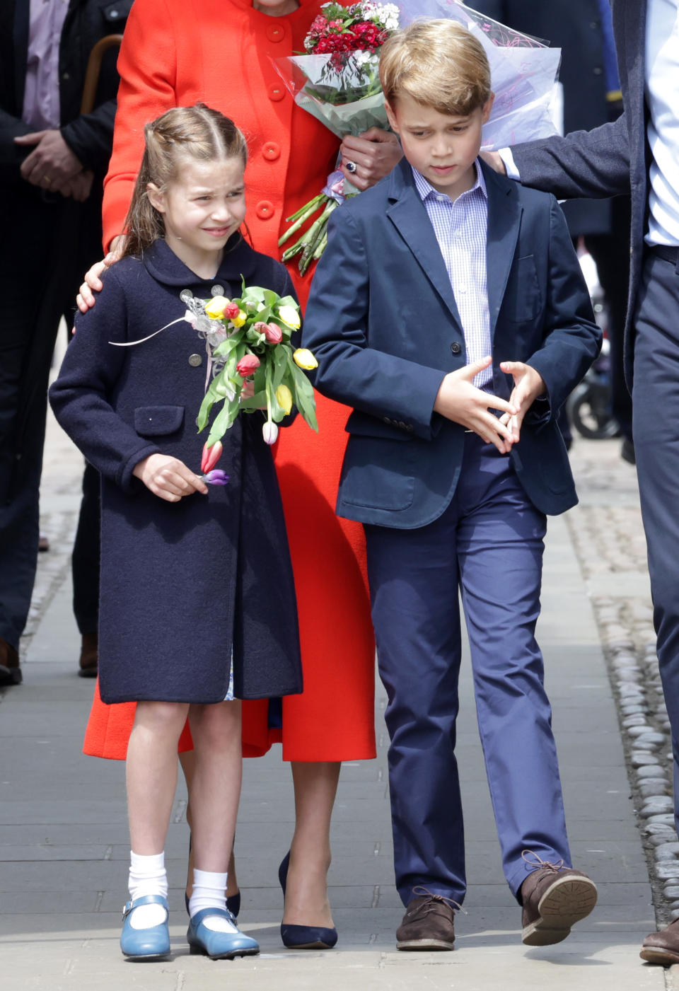 CARDIFF, WALES - JUNE 04: Princess Charlotte of Cambridge and Prince George of Cambridge during a visit to Cardiff Castle on June 04, 2022 in Cardiff, Wales. The Platinum Jubilee of Elizabeth II is being celebrated from June 2 to June 5, 2022, in the UK and Commonwealth to mark the 70th anniversary of the accession of Queen Elizabeth II on 6 February 1952.  (Photo by Chris Jackson/Getty Images)