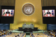 In this photo provided by the United Nations, the pre-recorded message of Nana Addo Dankwa Akufo-Addo, President of Ghana, is played during the 75th session of the United Nations General Assembly, Wednesday Sept. 23, 2020, at U.N. headquarters in New York. (Eskinder Debebe/United Nations via AP)